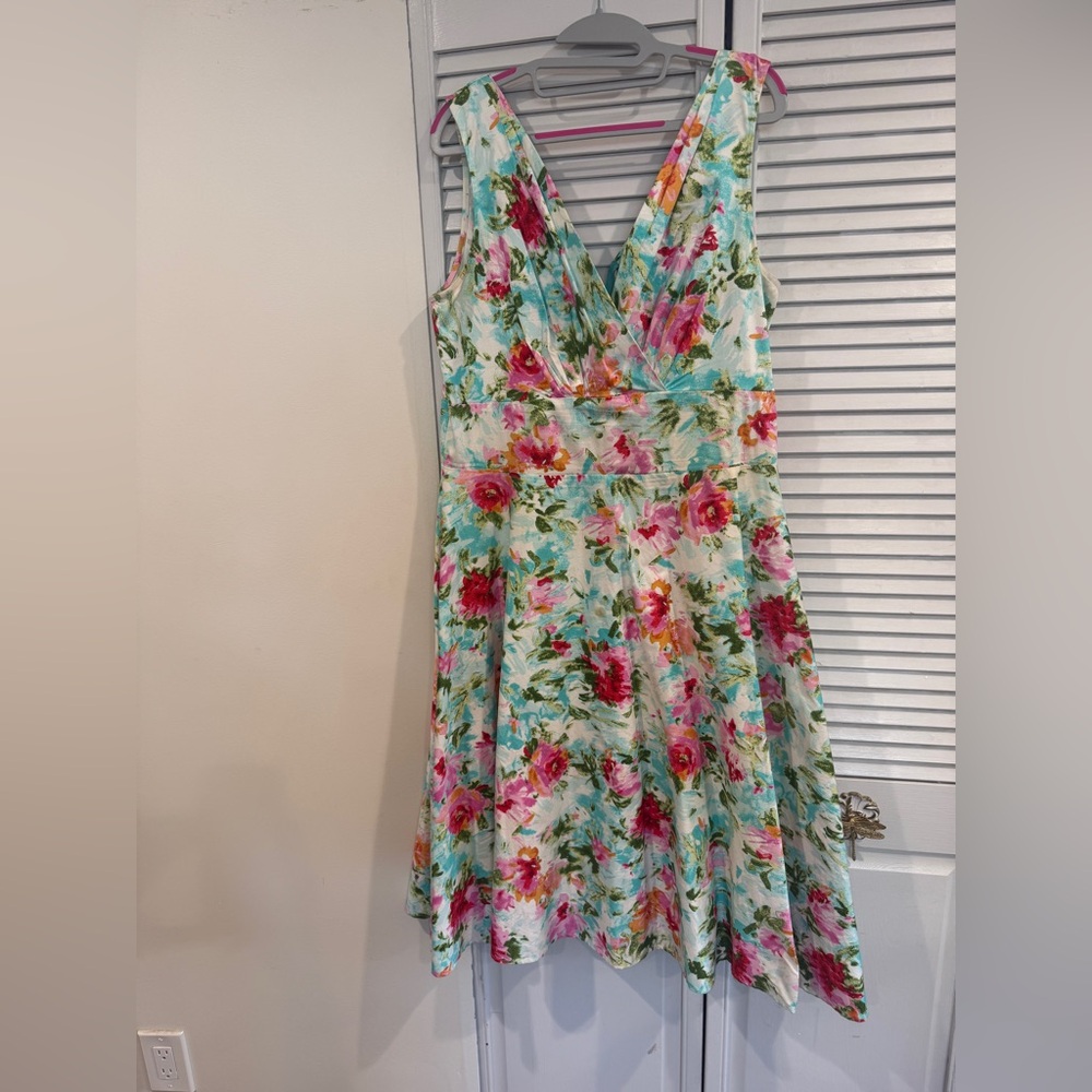 Stop Staring Floral V-Neck Midi Swing Dress in Aqua, Pink and Green
